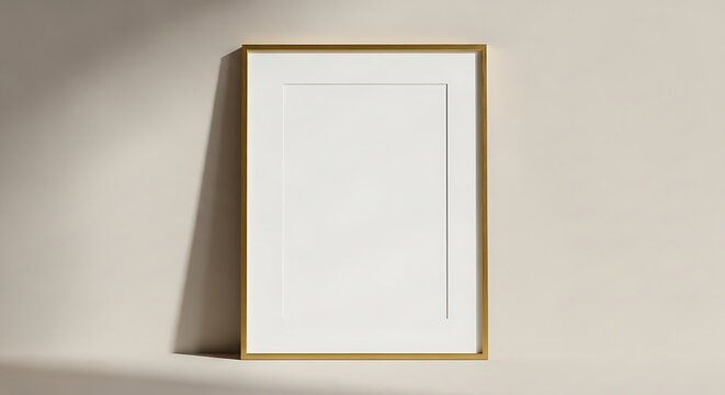 Minimalist gold frame with white mat on neutral wall casting soft shadows