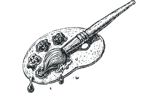 Artist's wooden palette with paint and brush in sketch style. Vector hand drawn illustration