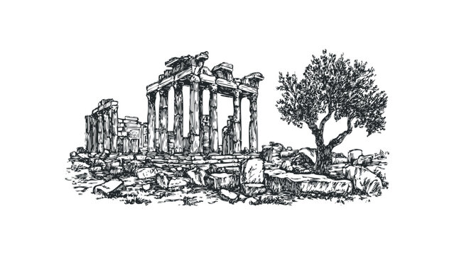Ancient Greek temple ruins with a lone tree. Vector hand drawn illustration