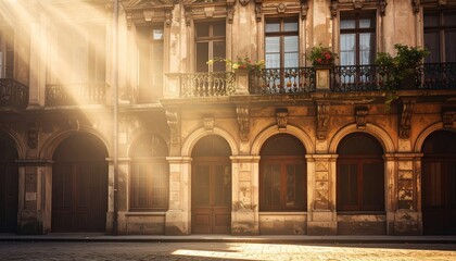Obraz premium Rays of Morning Light on Historic Architecture with Floral Accents