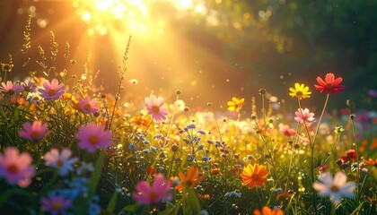 Vibrant Wildflower Field Under Golden Sunrise Light and Soft Glow
