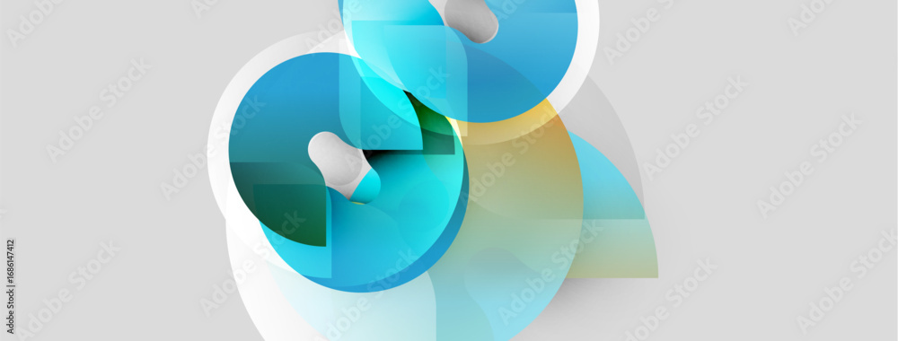 Poster abstract composition. overlapping shapes create dynamic visual effect. cool tones dominate, with sub