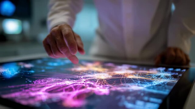 Side angle medium shot of a medical professional interacting with a coffeetable top display visualizing family genetic risk with background indistinct.
