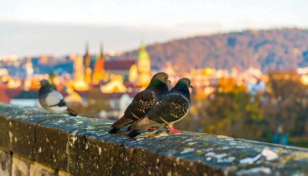 Pigeons perched on a wall, city skyline view