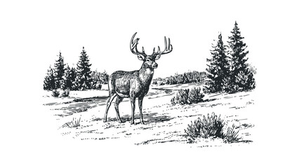Obraz premium Majestic stag with large antlers stands in a winter landscape with pine trees. Vector hand drawn illustration