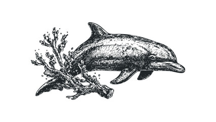 Fototapeta premium Dolphin swimming near textured aquatic plant with water droplets. Vector hand drawn illustration