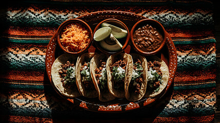 Four tacos with toppings on a dark brown plate, accompanied by three small bowls of condiments.