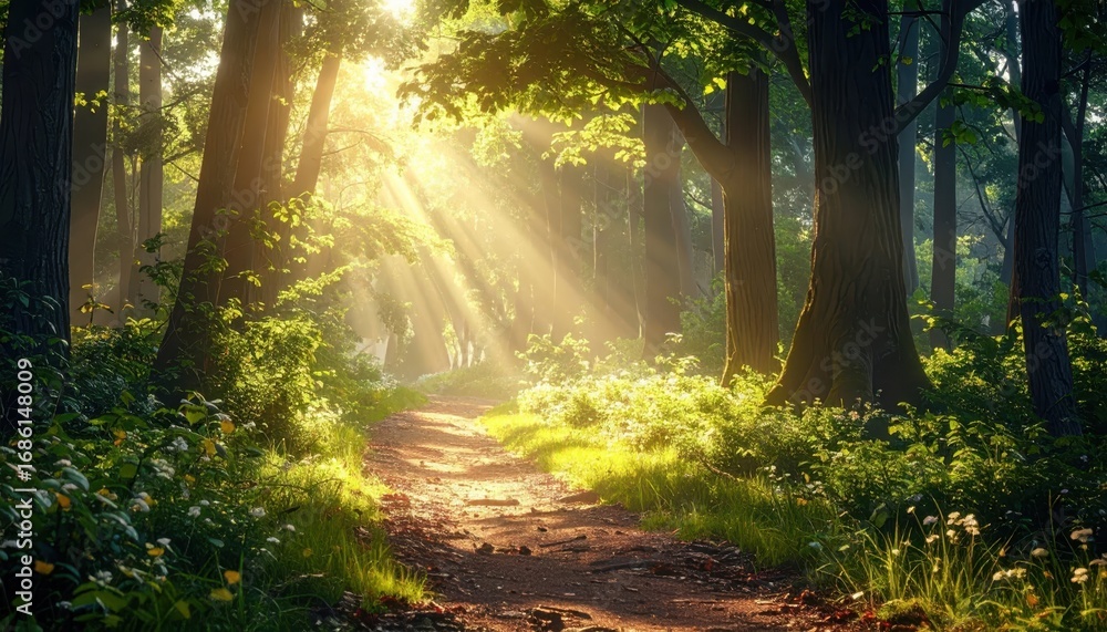 Poster sunlight filtering through trees in a serene forest pathway