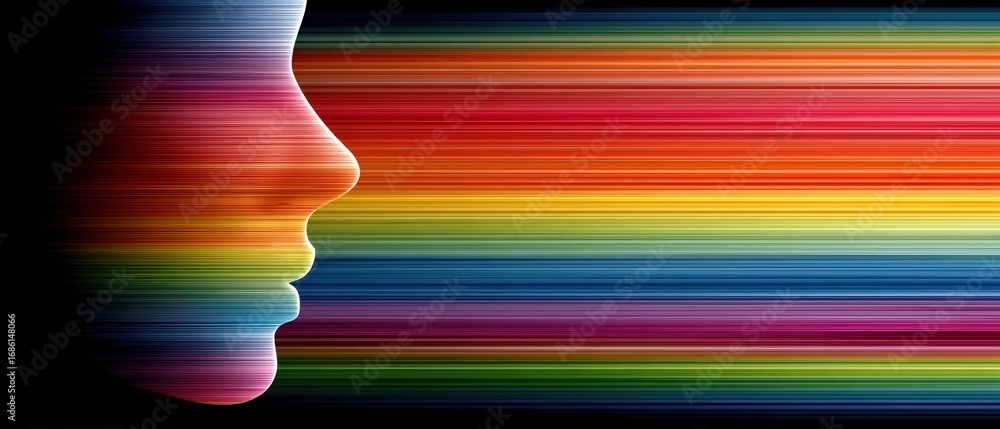 Poster abstract colorful profile of a human face with vibrant rainbow horizontal lines creating a striking 