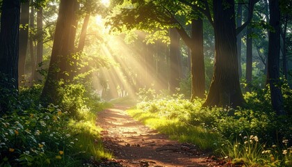 Obraz premium Sunlight Filtering Through Trees in a Serene Forest Pathway