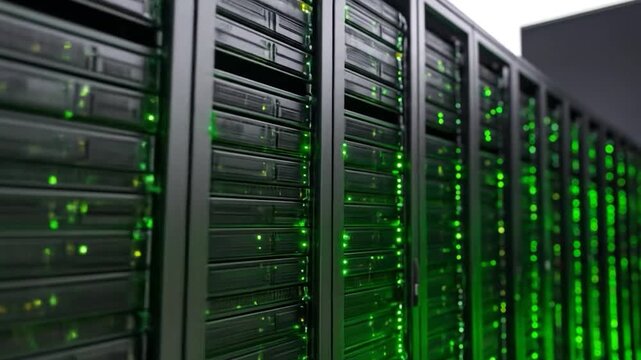 Rows of servers with green lights illuminate a server room