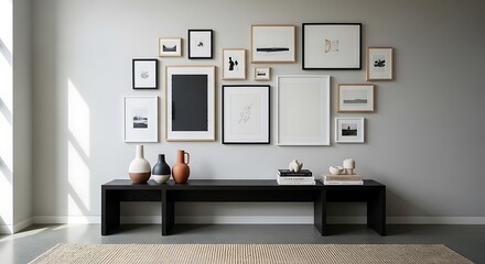 Modern Interior Design with Artwork, Vases, and a Black Bench Display.