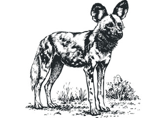 Sketch of an African wild dog standing on grassy ground. Vector hand drawn illustration