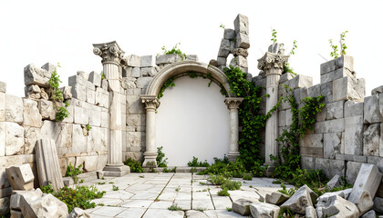 Ancient ruins with crumbling columns and overgrown ivy, evoking a sense of history and decay