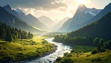 Fototapeta premium Majestic Mountain Landscape with River and Sunlight in Valley