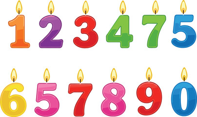 Colorful birthday number candles set with flames, digits zero to nine, party decoration, festive design, cake celebration, vector illustration.