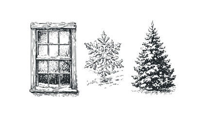 Vintage snowy window and evergreen trees sketch. Vector hand drawn illustration