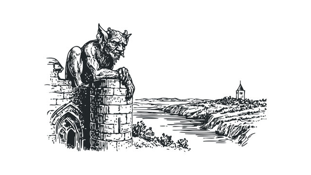 Gargoyle creature resting on historic stone tower overlooking a distant town. Vector hand drawn illustration