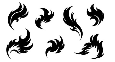 Collection of ornate tribal style vector silhouettes. Abstract shapes resemble flames and feathers, ideal for tattoos, logos, car decals, and modern art.