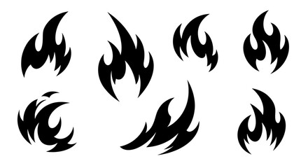 A collection of seven different stylized fire flame icons. Black silhouettes isolated on a white background. Vector illustration for logos, tattoos, decals.