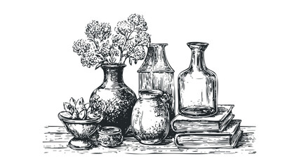 Sketch of botanical arrangement with vases and books. Vector hand drawn illustration