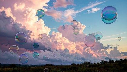 Colorful soap bubbles float in a dramatic sky