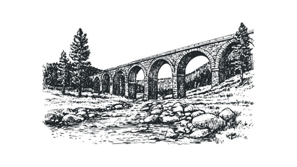 Stone arch railway bridge over a rocky stream with trees in the background. Vector hand drawn illustration