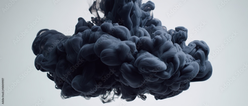 Poster abstract black ink cloud dispersion with smooth flowing shapes and rich textures on a light backgrou