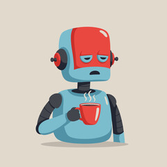 A cartoon robot with a red head and blue body, holding a steaming cup of coffee.