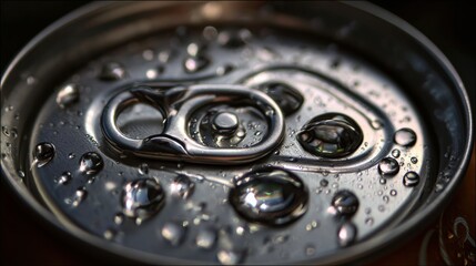 Macro View of a Metallic Can Tab with Water Droplets and Reflection