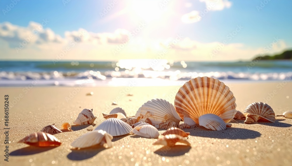 Poster sunlit beach with shells and gentle ocean waves in background