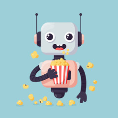 A cheerful robot holding a popcorn bucket, surrounded by flying popcorn.