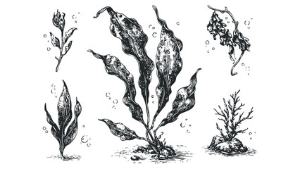 Various Seaweed Varieties and Underwater Flora Sketches. Vector hand drawn illustration