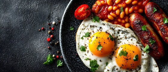 Fried eggs, bacon, baked beans, and a grilled tomato in a black skillet.