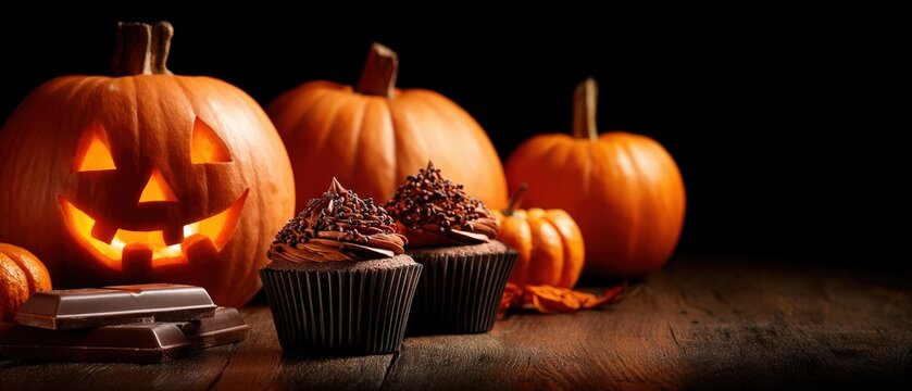 Spooky Halloween Pumpkins with Carved Jack-o'-Lantern Face and Chocolate Cupcakes on Dark Wooden Surface for Festive Decoration