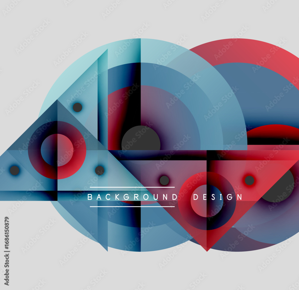 Poster abstract geometric composition. overlapping circles, triangles create dynamic visual effect. blue, r