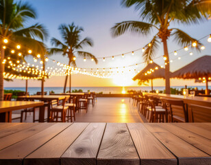 Sunset Beach Restaurant with String Lights and Palm Trees