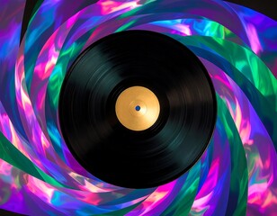 Vibrant vinyl record surrounded by swirling holographic colors