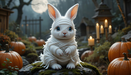 White Rabbit with Blue Eyes Sitting Among Pumpkins and Candles &ndash; Magical Halloween Scene