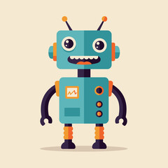 A cheerful, cartoon-style robot with a friendly face and colorful features.