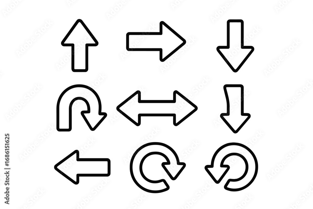 Poster arrow direction outline icon set for navigation and user interface design. movement and guidance sym