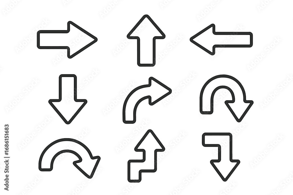 Poster arrow outline icon set. various direction and navigation symbols. vector line art collection of poin