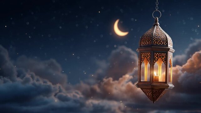 Lantern moon and starry sky create a serene dreamy Ramadan night scene