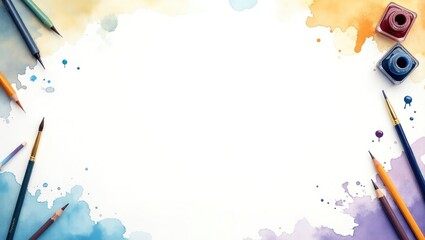A collection of art supplies arranged around a blank white space, showcasing various colored pencils, paintbrushes, and ink bottles on a background of vibrant watercolor splatters.