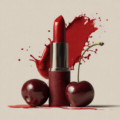 Red cherries and lipstick create a vibrant splash in a creative composition highlighting beauty and freshness