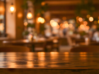 Restaurant Interior Bokeh Lights and Wooden Table