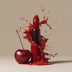 Red cherries and lipstick create a vibrant splash in a creative composition highlighting beauty and freshness