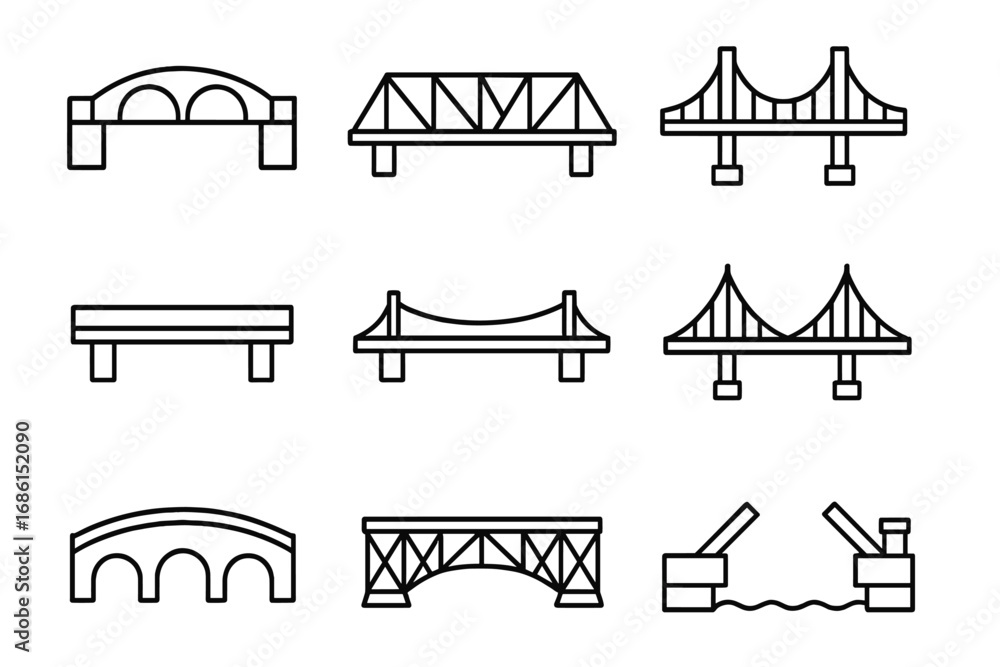 Poster bridge line icon set. simple outline collection of various bridge structures. vector graphic element