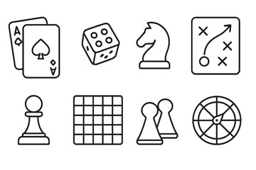 Board game outline icon set. Vector collection of linear symbols for leisure and entertainment. Includes chess pieces, playing cards, dice, game board, spinner, and strategy.