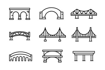 Bridges line icon set. Simple and clean outline bridge icons collection. Vector symbols for architecture, engineering, connection, and transport. Arch, truss, suspension bridge.